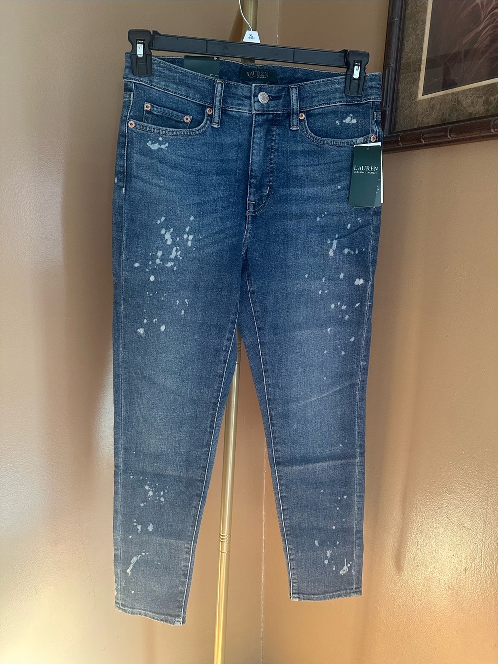 Lauren Ralph Women’s Dark Blue Skinny Jeans Paint-Splash Detail Tags Are Defaced